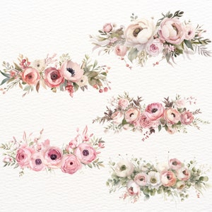 May include: Four watercolor floral arrangements with pink, white, and green flowers. The arrangements are perfect for adding a touch of elegance to any project.