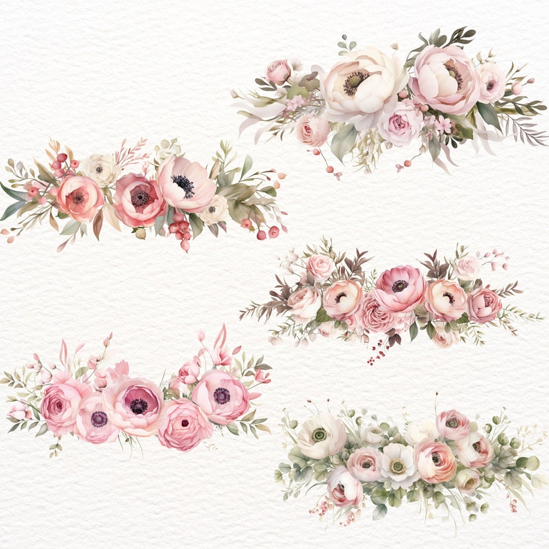 May include: Four watercolor floral arrangements with pink, white, and green flowers. The arrangements are perfect for adding a touch of elegance to any project.