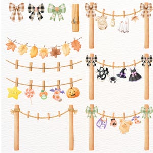 May include: Watercolor illustrations of bows, leaves, and Halloween-themed decorations. The image includes clotheslines with baby clothes, a star, a lollipop, a pumpkin, and a spider. The color palette features orange, brown, and black.