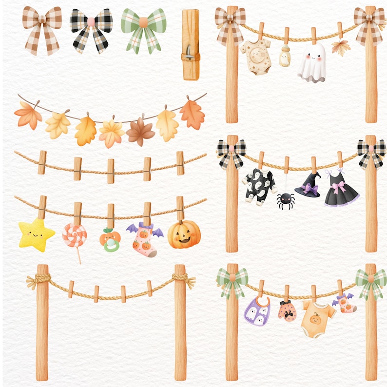 May include: Watercolor illustrations of bows, leaves, and Halloween-themed decorations. The image includes clotheslines with baby clothes, a star, a lollipop, a pumpkin, and a spider. The color palette features orange, brown, and black.