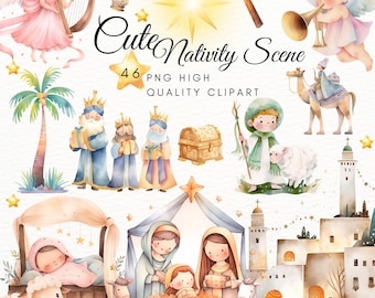 May include: Watercolor illustration of a nativity scene with a star, angels, wise men, a camel, a sheep, and a manger with baby Jesus. The illustration is in a cute style and includes the text "Cute Nativity Scene 46 PNG High Quality Clipart".
