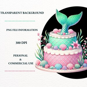 K&ouml;nnte beinhalten: Eine zweist&ouml;ckige Torte, verziert mit einem Meerjungfrauen-Schwanz, Muscheln und Blumen. Die Torte ist hellblau und rosa mit wei&szlig;em Frosting.