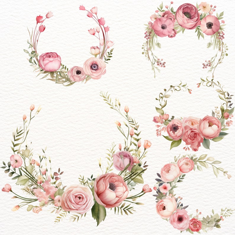 May include: Four watercolor floral wreaths with pink and white flowers, green leaves, and buds. The wreaths are perfect for adding a touch of elegance to any project.