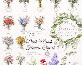 Watercolor Birth Month Flower Clipart,Birth Flower PNG,Watercolor Antique Floral PNG,Flower bouquet Graphic,Birthday Decor,card making,DIY