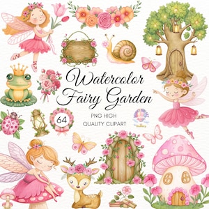 Watercolor fairy clipart,Pink fairy PNG,Cute Fairy Garden Clipart,Enchanted Forest,Fairy First Birthday,Floral Clipart,Commercial Use
