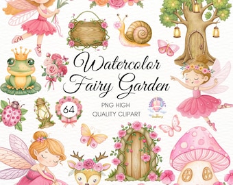 Aquarell Feengarten Clipart: 64 rosa Blumen PNG (kommerzielle Nutzung)
