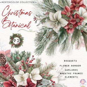 Watercolor Christmas greenery clipart bundle,Christmas Botanical,Christmas Wreath,Christmas Garland,Frame,Bouquet,Holly Berries,Winter Decor