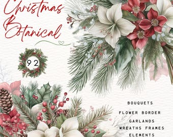 Może przedstawiać: Aquarelowe ilustracje botaniczne na Boże Narodzenie z czerwonymi i białymi kwiatami, gałązkami sosny, jagodami i wieńcem. Widoczny jest tekst "Christmas Botanical" i "92". Widoczny jest również tekst "Bouquets, Flower Border, Garlands, Wreaths Frames, Elements".