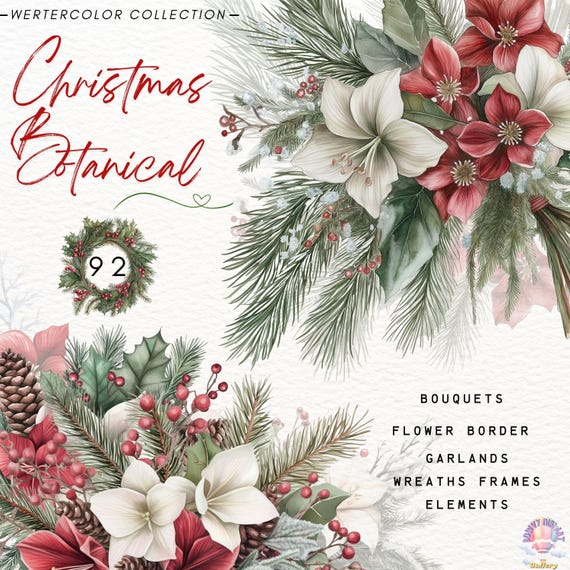 Watercolor Christmas greenery clipart bundle,Christmas Botanical,Christmas Wreath,Christmas Garland,Frame,Bouquet,Holly Berries,Winter Decor