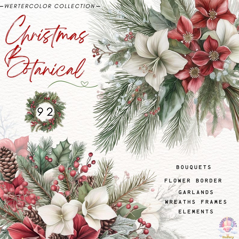 May include: Watercolour Christmas botanical illustrations featuring red and white flowers, pine branches, berries, and a wreath. The text "Christmas Botanical" and "92" are visible in the image. The text "Bouquets, Flower Border, Garlands, Wreaths Frames, Elements" is also visible in the image.