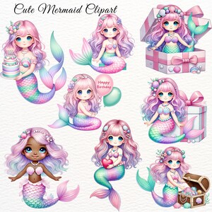 K&ouml;nnte beinhalten: Ein Set mit zehn digitalen Illustrationen von niedlichen Meerjungfrauen mit rosa Haaren und bunten Schw&auml;nzen. Die Meerjungfrauen halten verschiedene Gegenst&auml;nde in der Hand, darunter eine Geburtstagstorte, ein Herz, einen Ballon und eine Schatztruhe. Die Illustrationen sind perfekt, um jedem Projekt einen Hauch von Fantasie zu verleihen.