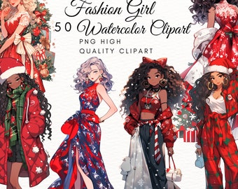 Fashion Girl Watercolor Clipart: Holiday PNG Images (Digital Download)