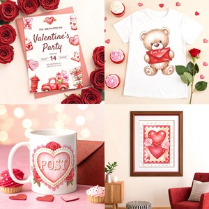 May include: A collection of Valentine's Day themed items. Includes a party invitation, a white t-shirt with a teddy bear holding a love letter, a mug with a heart design, and a framed heart-shaped artwork. Red roses and cupcakes are also present.