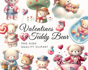 May include: A set of 59 Valentine's Day themed teddy bear clip art images. The bears are depicted in various poses and activities, such as holding hearts, riding in a car, and reading books. The images are in a cartoon style and feature bright colors.