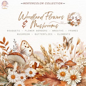 Fall Woodland Clipart,Woodland Flowers Clipart,Mushrooms PNG,Woodland Clipart,Rustic Floral,Dried Plants Clipart,Autumn Forest,Boho Flowers