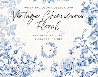 May include: A collection of 49 vintage chinoiserie floral illustrations in blue and white watercolor. The illustrations include bouquets, wreaths, garlands, and frames.