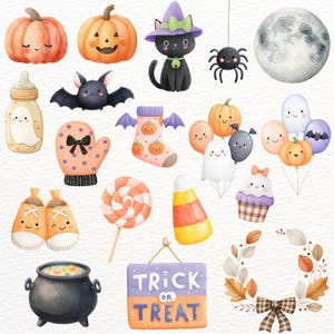 May include: Watercolor illustration of Halloween-themed objects. Includes pumpkins, a black cat in a witch hat, a spider, a moon, a baby bottle, a bat, a mitten, a sock, balloons, a lollipop, candy corn, a cupcake, a cauldron, a sign that says "Trick or Treat", and a wreath.