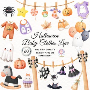 May include: A collection of Halloween-themed baby clothes and accessories, including onesies, bibs, shoes, and balloons. The image features pumpkins, ghosts, bats, spiders, and a rocking horse. Text reads "Halloween Baby Clothes Line."