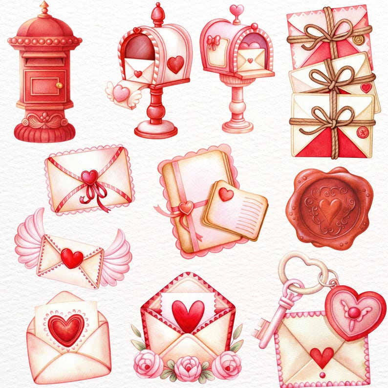 May include: Watercolor illustrations of Valentine's Day themed items. The image includes a red mailbox, pink mailboxes, envelopes with hearts, a wax seal, and a key with a heart charm. The color palette is primarily red and pink.