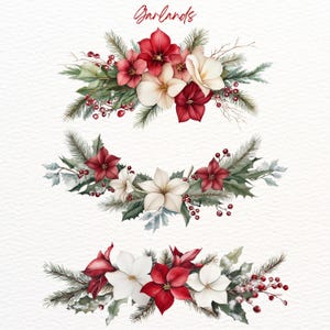 May include: Three watercolour illustrations of Christmas garlands featuring red poinsettia flowers, white magnolia flowers, green pine branches, and red berries.