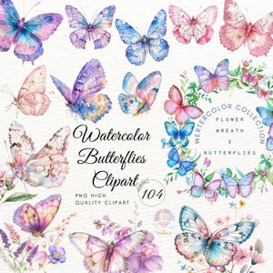 Watercolor Butterflies Clipart,Watercolor Floral Clipart,Wedding Clipart,Butterflies Clipart,butterfly and flower,Wreath,Sticker,Digital PNG