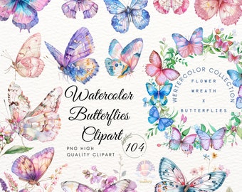 Watercolor Butterflies Clipart: Floral Wreath PNG (Digital Download)