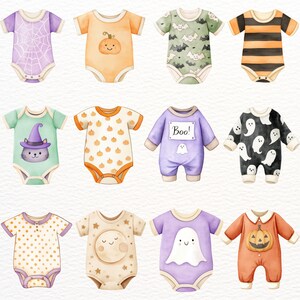 May include: Watercolor illustrations of baby onesies with Halloween themes. Designs include a spiderweb, pumpkin, bats, stripes, a cat in a witch hat, pumpkins, the word "Boo!" with a ghost, ghosts, polka dots, a moon, and a smiling ghost.