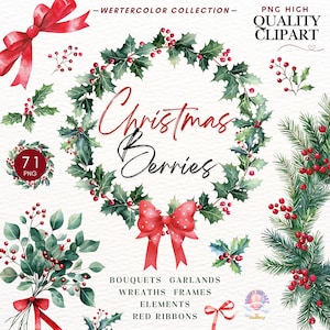 Berries & Greenery Christmas Clipart,Christmas wreath,Winter Greenery Border,Berry Bouquets,Holiday Clipart,Holly Berries,Red bow PNG,Card