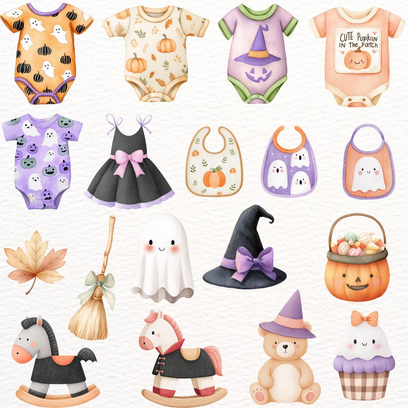 May include: Watercolor illustrations of Halloween-themed baby items. Includes onesies with pumpkin and ghost designs, a black dress with a pink bow, bibs, a witch hat, a ghost, a pumpkin basket, a rocking horse, a teddy bear, and a cupcake.