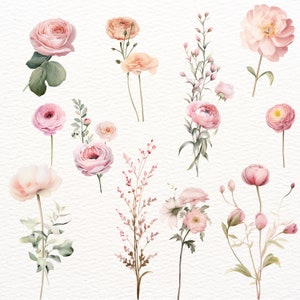 May include: A digital illustration of pink and white flowers with green leaves and stems. The flowers are arranged in a variety of styles and sizes, creating a delicate and romantic floral design.