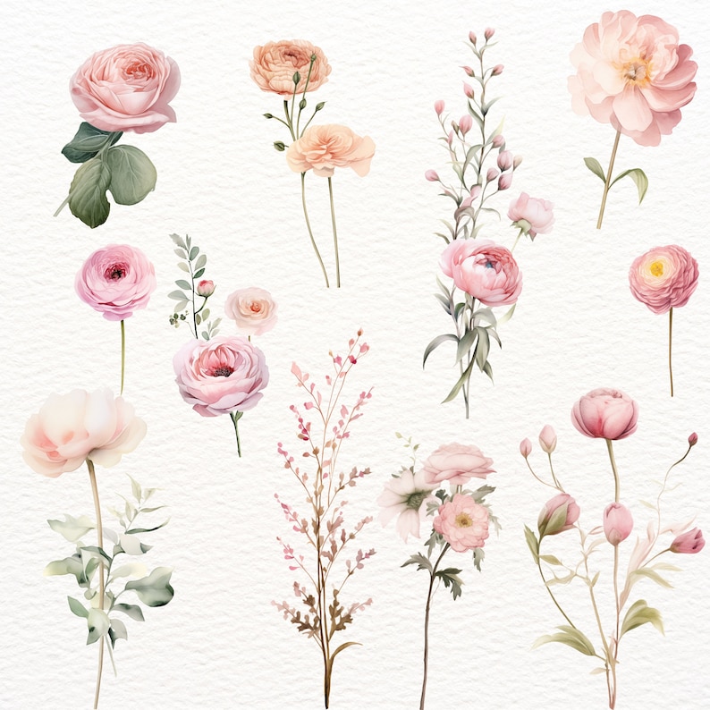 May include: A digital illustration of pink and white flowers with green leaves and stems. The flowers are arranged in a variety of styles and sizes, creating a delicate and romantic floral design.