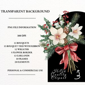 May include: A watercolour illustration of a bouquet of white flowers with red berries, pine cones, and green leaves tied with a red ribbon. The bouquet is on a black background with the text "High Quality Clipart" and a white arrow pointing to the right.