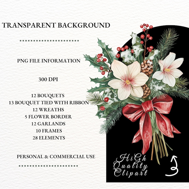 May include: A watercolour illustration of a bouquet of white flowers with red berries, pine cones, and green leaves tied with a red ribbon. The bouquet is on a black background with the text "High Quality Clipart" and a white arrow pointing to the right.