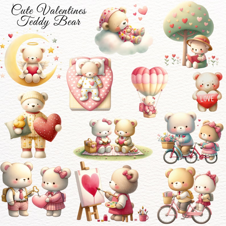 Watercolor Valentines Teddy Bear Clipart: Love Bear PNG Bundle ...
