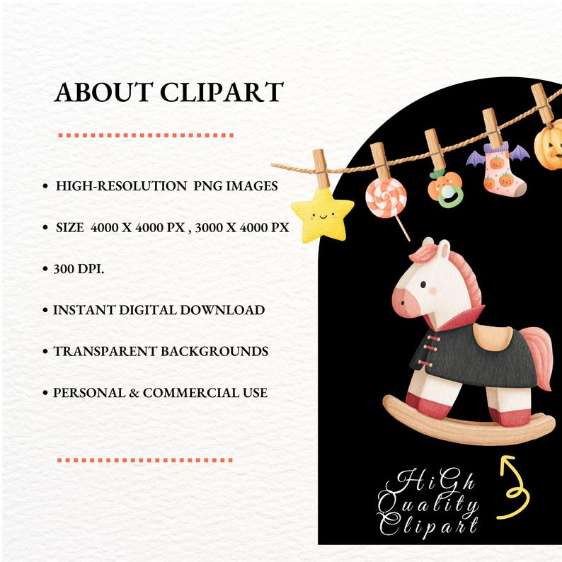 May include: A digital clipart image featuring a rocking horse with a black cape and red accents, alongside Halloween-themed decorations hanging from a clothesline. The image includes the text "High Quality Clipart".