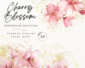 Watercolor Abstract Cherry Blossoms Clipart,Abstract Flowers Clipart,Pink Gold Flower PNG,Gold Foliage,Wedding Clipart,Watercolor Frame