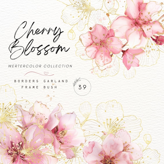 Watercolor Abstract Cherry Blossoms Clipart,Abstract Flowers Clipart,Pink Gold Flower PNG,Gold Foliage,Wedding Clipart,Watercolor Frame