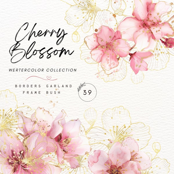 Watercolor Abstract Cherry Blossoms Clipart,Abstract Flowers Clipart,Pink Gold Flower PNG,Gold Foliage,Wedding Clipart,Watercolor Frame