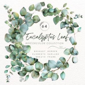 Watercolor Eucalyptus Leaf Clipart,Greenery Clipart,Green Leaves Clipart,Eucalyptus Border,Wreath, Wedding Clipart,PNG,Invitations & Decor
