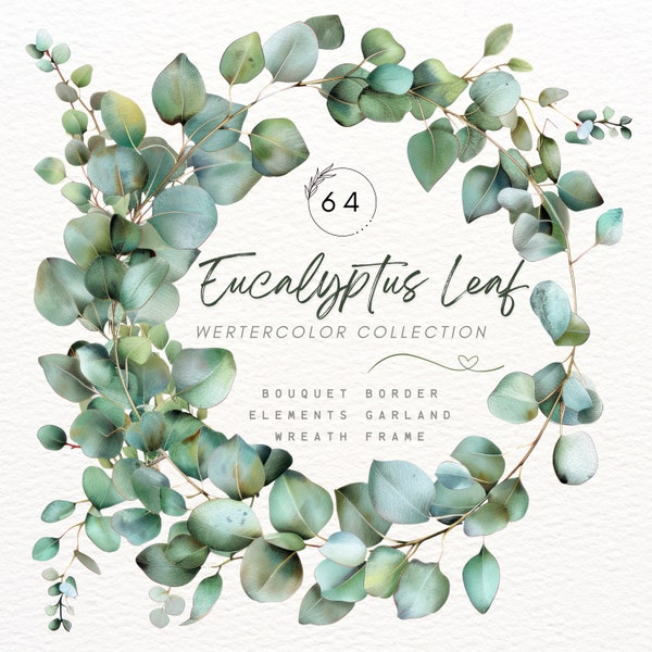 Watercolor Eucalyptus Leaf Clipart,Greenery Clipart,Green Leaves Clipart,Eucalyptus Border,Wreath, Wedding Clipart,PNG,Invitations & Decor