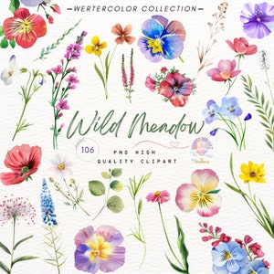 Watercolor Floral Clipart,Wildflower Meadow Clipart,Wild Floral Elements,Wild flower PNG,Summer Flowers,wedding invite card Digital clipart