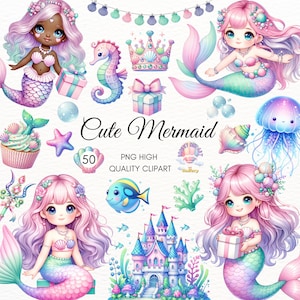 Süße Meerjungfrau Clipart, Meerjungfrau Geburtstag Clipart, kleine Meerjungfrau, Unter dem Meer, Meerjungfrauenschwänze, Kinderzimmer Dekor, Basteln, Meerjungfrau Einladung, Digitales PNG