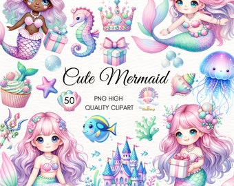 Süße Meerjungfrau Clipart, Meerjungfrau Geburtstag Clipart, kleine Meerjungfrau, Unter dem Meer, Meerjungfrauenschwänze, Kinderzimmer Dekor, Basteln, Meerjungfrau Einladung, Digitales PNG