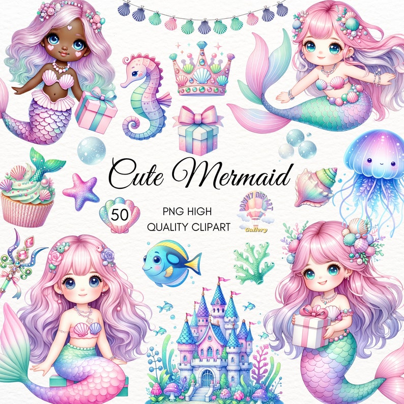 K&ouml;nnte beinhalten: Ein Set mit 50 niedlichen Meerjungfrauen-Clipart-Bildern im PNG-Format. Die Bilder zeigen Meerjungfrauen mit rosa und blauen Schw&auml;nzen, Muscheln, einer Krone, einem Seepferdchen, einer Qualle, einem Cupcake, einem Seestern, einem Schloss, einem Fisch und Korallen. Der Text "Cute Mermaid" ist in rosa und blauer Schrift geschrieben.