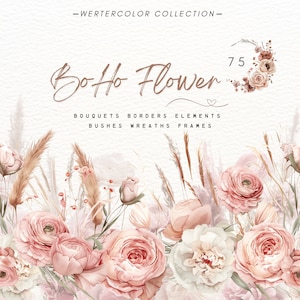 Fleur Boho aquarelle, clipart de plantes séchées, clipart floral sauvage, clipart de mariage, mariage rustique, roses bohèmes PNG, cadre, bouquet, PNG numérique