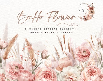 May include: Boho Flower Watercolor Clipart Collection - 75 elements including bouquets, borders, wreaths, frames, and more.  The image features a watercolour illustration of pink and white flowers with dried grasses.