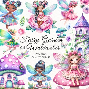 Fairy Garden Watercolor Clipart,Cute Fairies PNG,enchanted forest,magical fairy,black fairy png,mushroom,nursery decor,Birthday Invitation