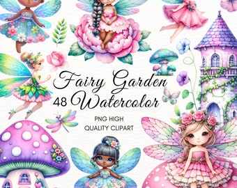 Fairy Garden Watercolor Clipart,Cute Fairies PNG,enchanted forest,magical fairy,black fairy png,mushroom,nursery decor,Birthday Invitation