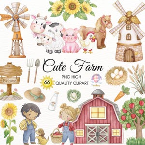 süsser Bauernhof Clipart,Aquarell Bauernhof,Tiere auf den Bauernhof,Farm Life Clip Art,Pferd,Schwein,Kuh,Baby Tiere,Party Einladung