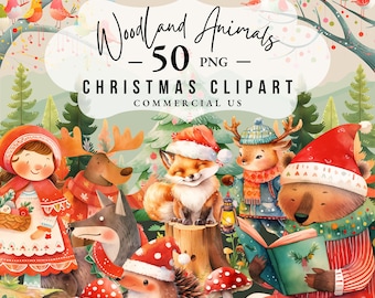 Watercolor Christmas Woodland Animals Clipart: 50 PNG Graphics (Digital Download)